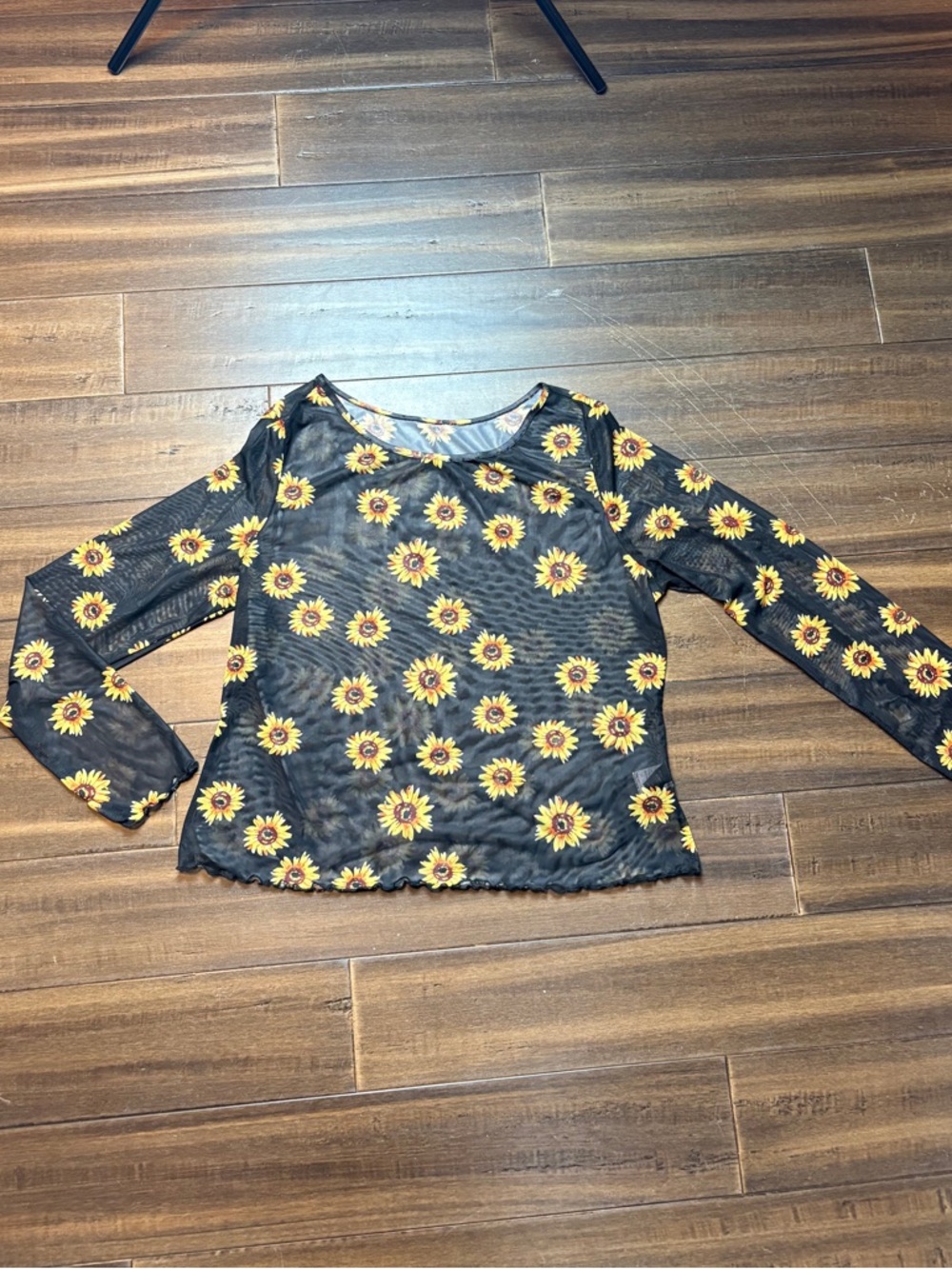 Plus size 3XL Black Mesh Long Sleeve Top Yellow Sunflowers Floral Punk Cute Y2K